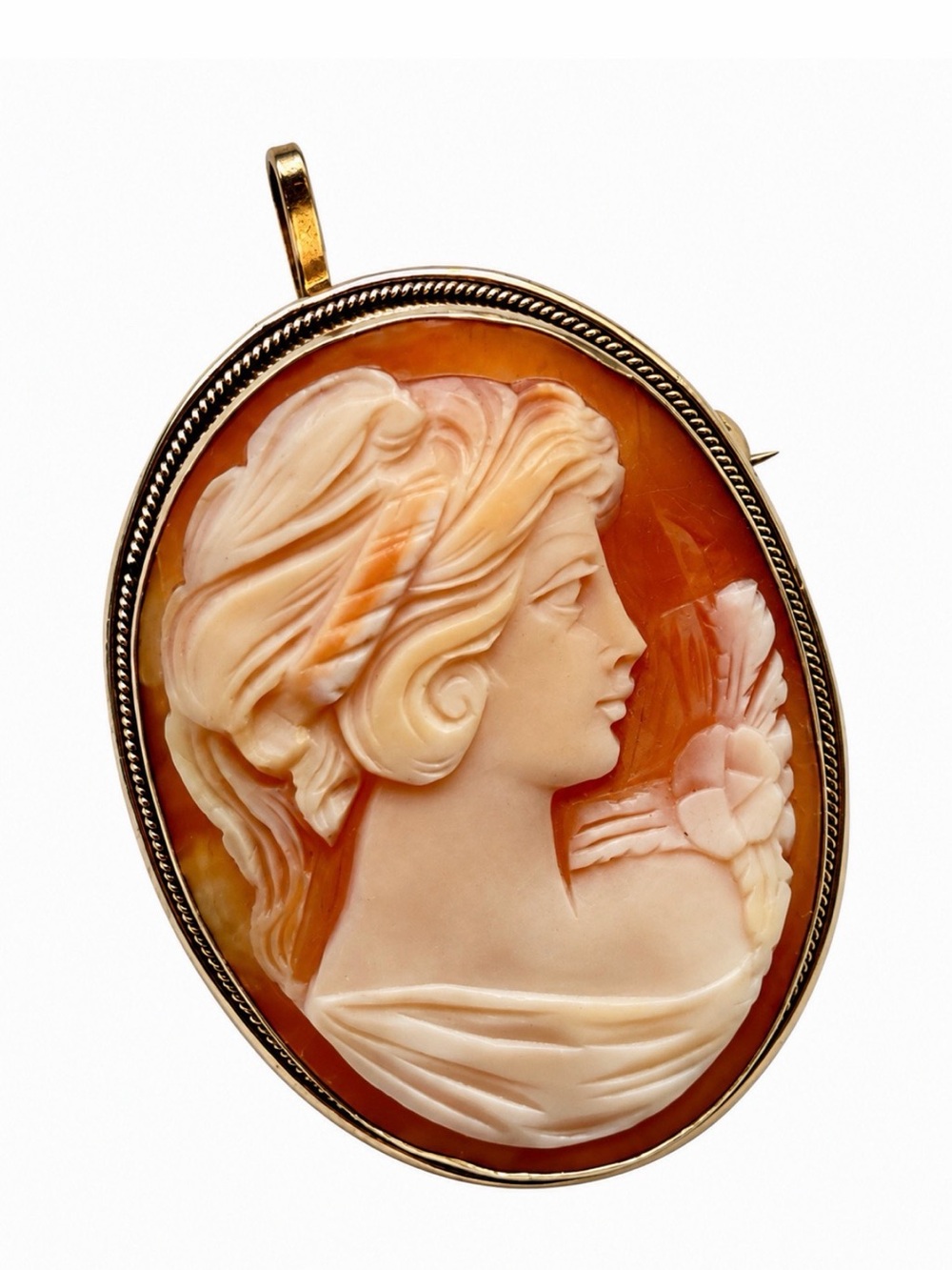 10K Shell Cameo Pendant Brooch of Young Woman